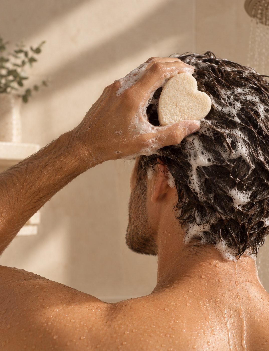 Hombre lavando su cabello con un shampoo sólido Meki